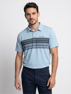 Columbia Light Blue Polo with Dark Gray and Blue Stripes